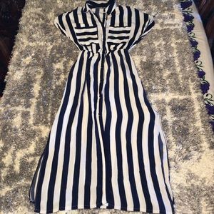 Bershka Navy and White Striped Button Up Maxi Dress